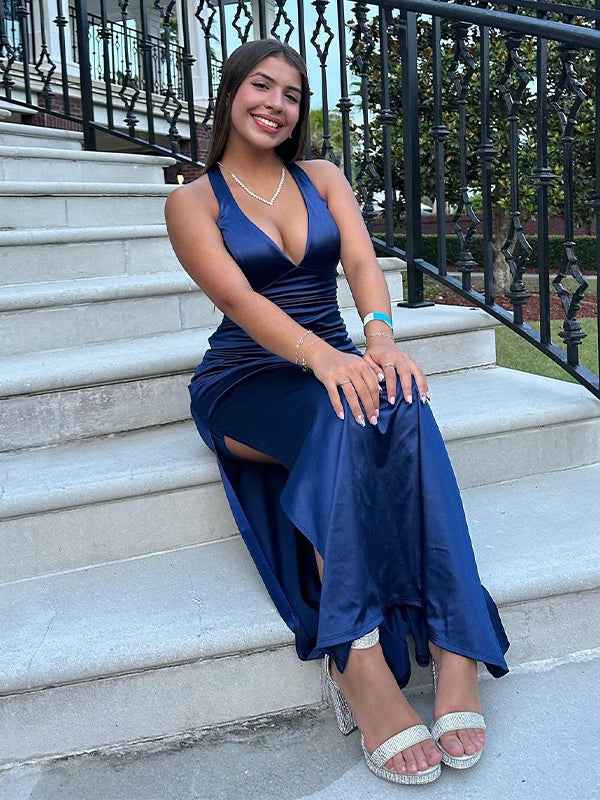 Ink Blue Mermaid V-Neck Criss-Cross Back Long Prom Dress