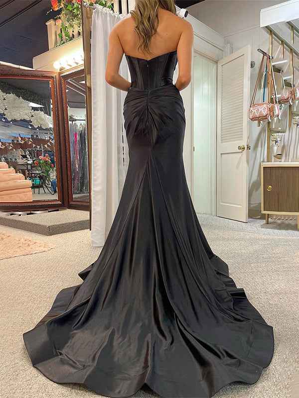 Navy Mermaid Strapless Corset Bodice Prom Dress with Slit