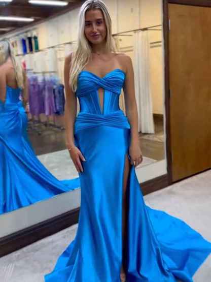 Navy Mermaid Strapless Corset Bodice Prom Dress with Slit