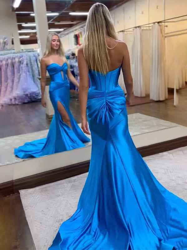 Navy Mermaid Strapless Corset Bodice Prom Dress with Slit