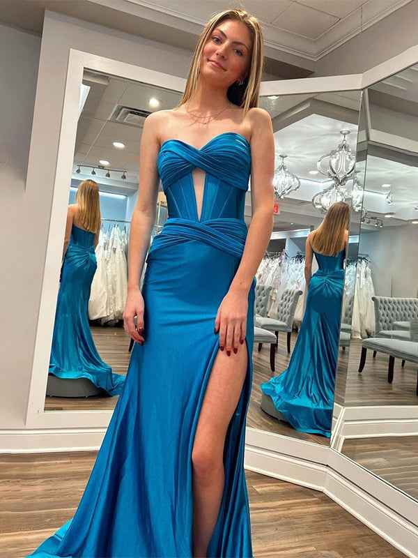 Navy Mermaid Strapless Corset Bodice Prom Dress with Slit