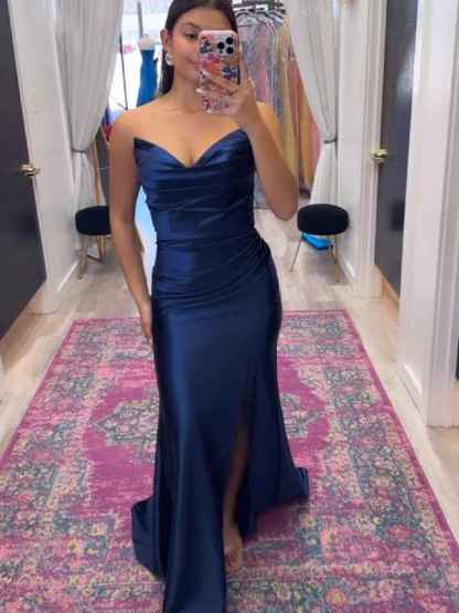 Lavender Mermaid Strapless Ruched Long Prom Dress with High Slit