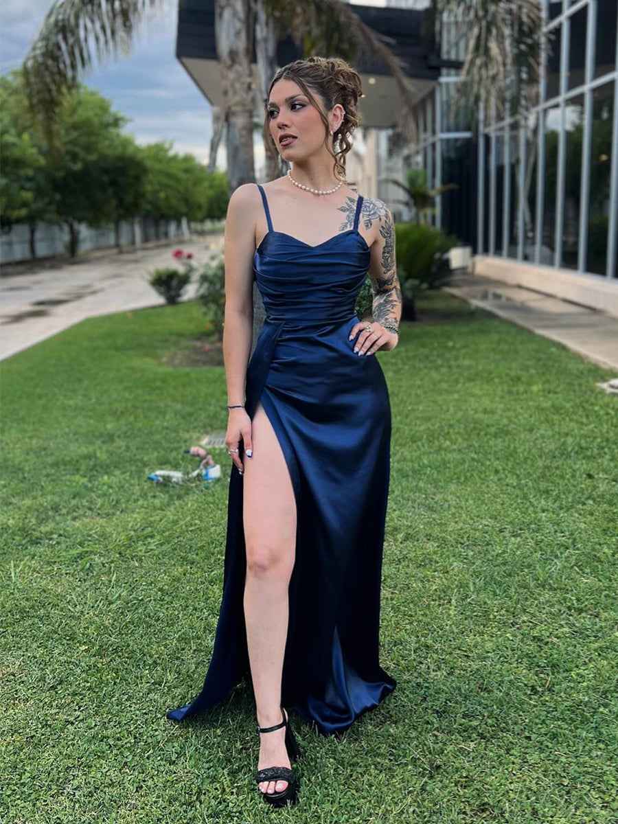 Navy Blue Ruched Satin Spaghetti Strap Long Prom Dress