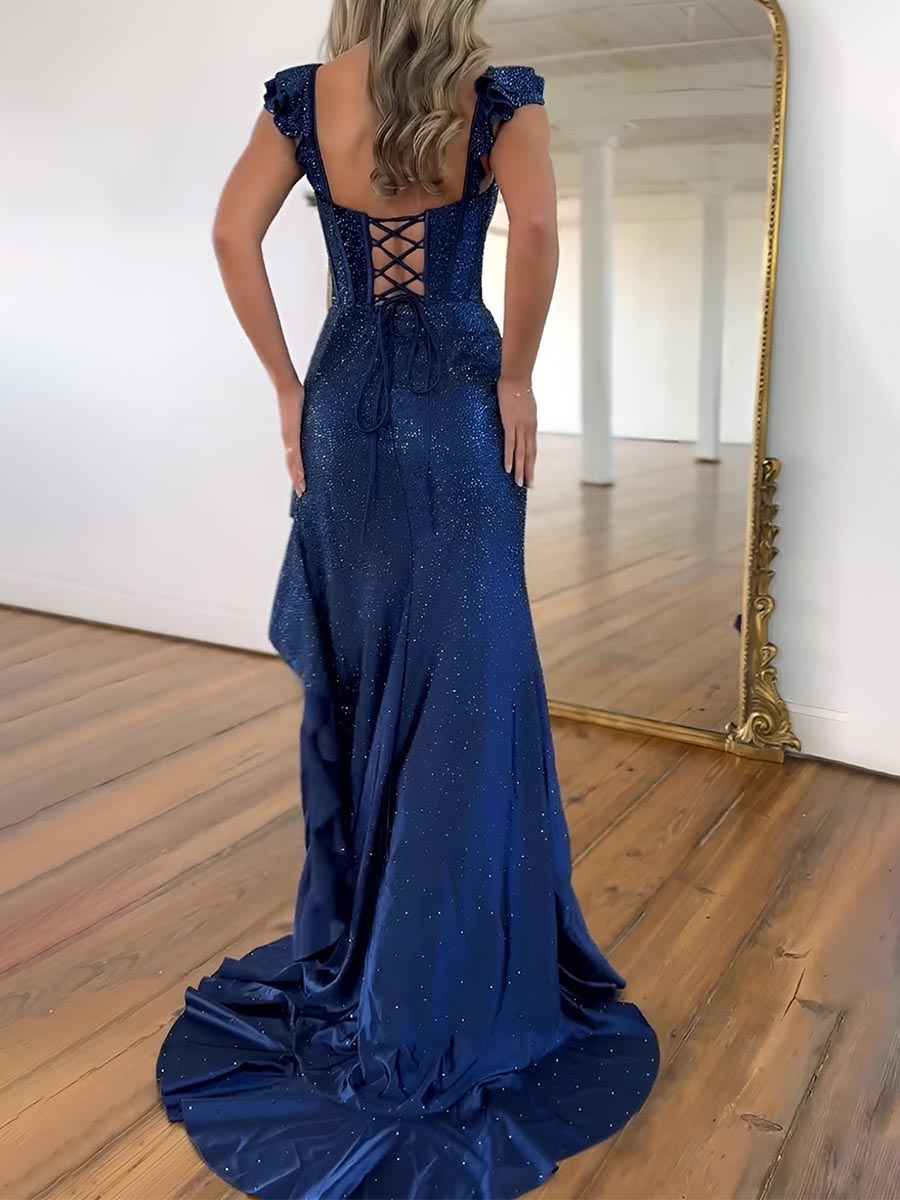 Navy Blue Shimmer Ruffle Long Corset Prom Dress with Slit