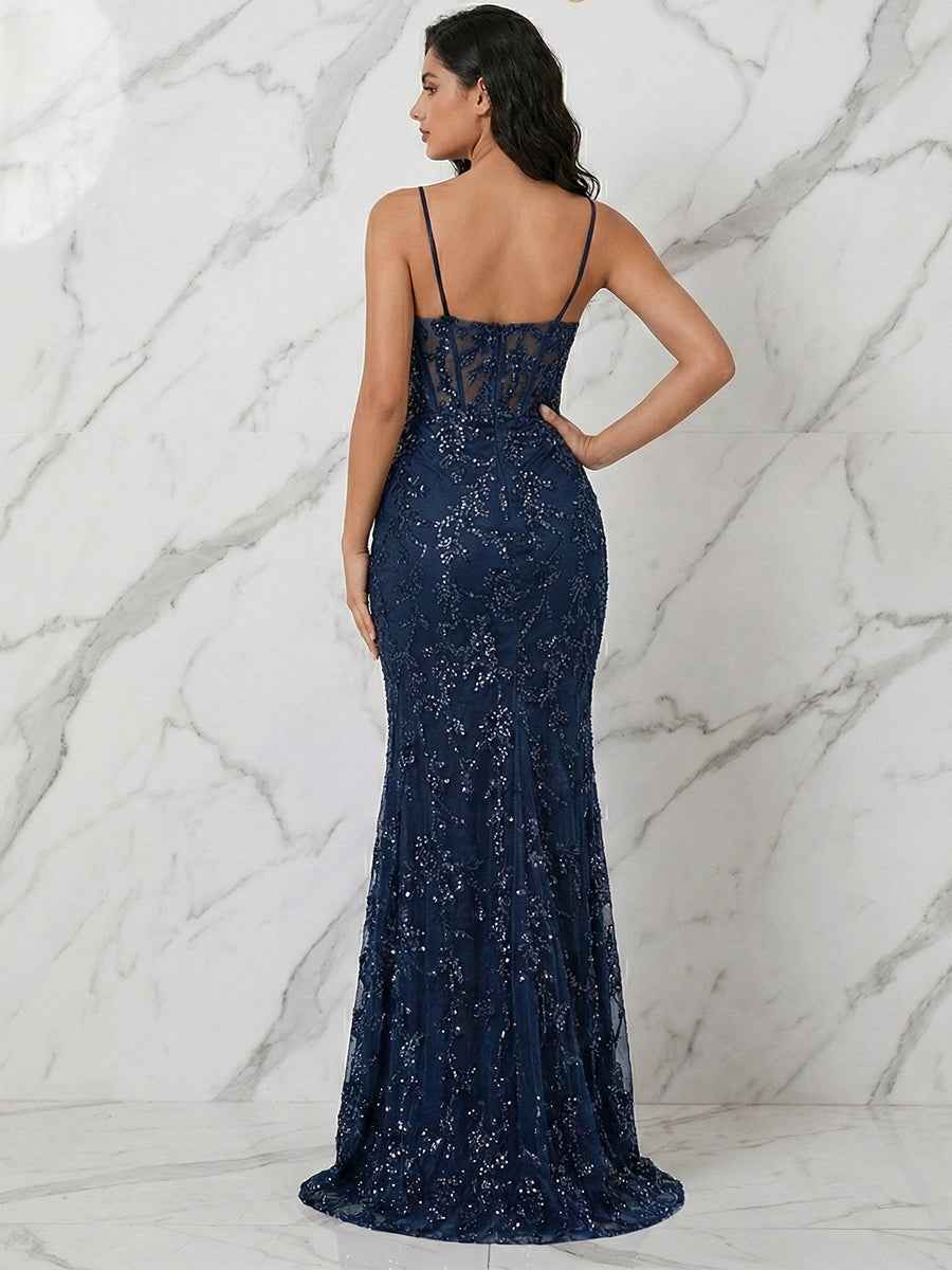 Navy Blue Spaghetti Straps Corset Sequin Prom Dress with Slit