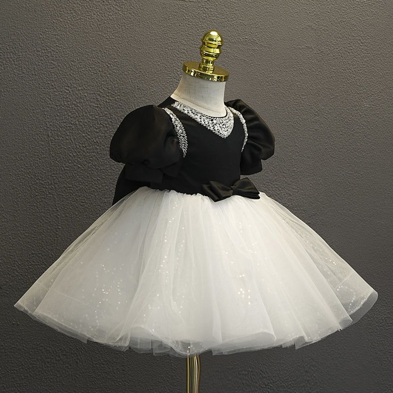 Knee-Length Baby Girl Party Ball Gown with Short Sleeves Bow & Rhinestones