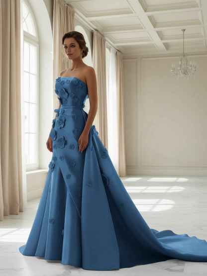 Pink A Line Satin Strapless Prom Dress with 3D Floral Appliques