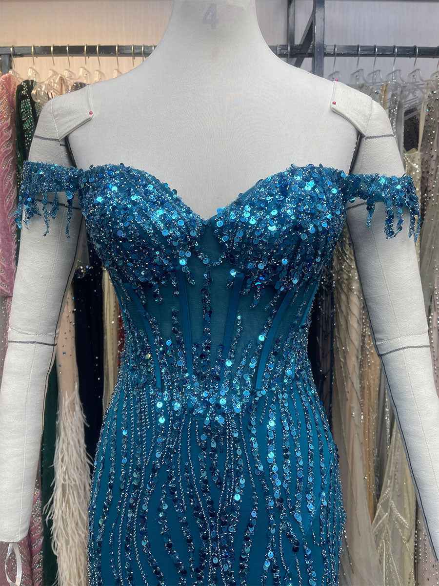 Ocean Blue Off The Shoulder Sequin Long Prom Dress