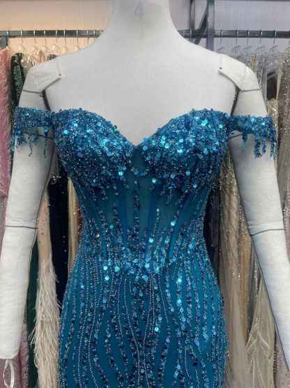Ocean Blue Off The Shoulder Sequin Long Prom Dress