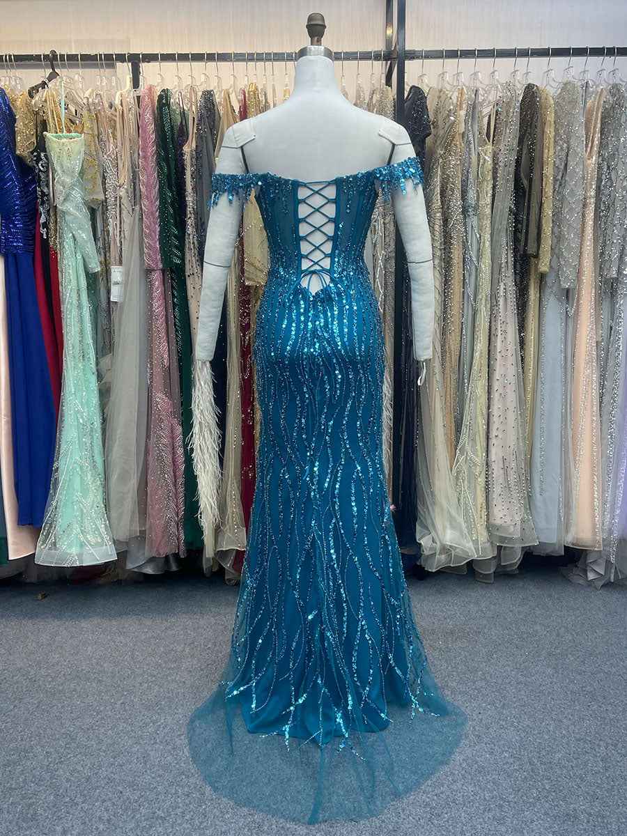 Ocean Blue Off The Shoulder Sequin Long Prom Dress
