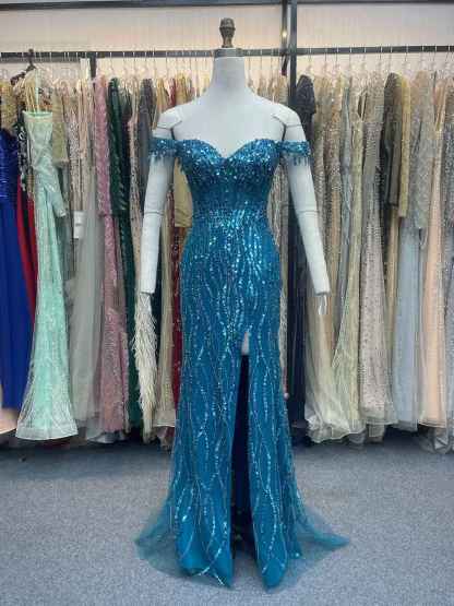 Ocean Blue Off The Shoulder Sequin Long Prom Dress