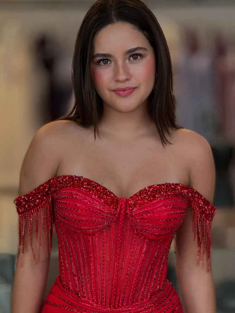 Off-the-Shoulder Beaded Tulle Long Prom Dress with Swirling Sequins