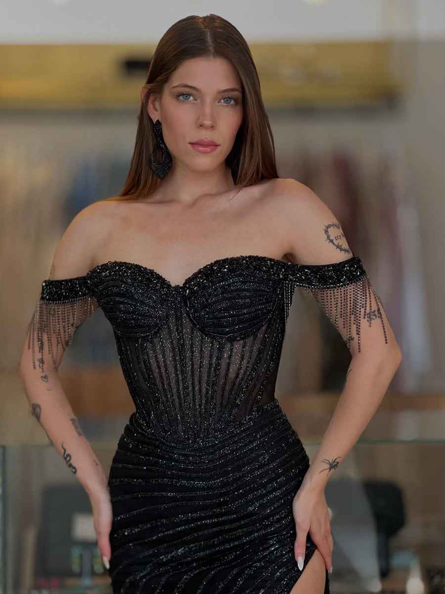 Off-the-Shoulder Beaded Tulle Long Prom Dress with Swirling Sequins