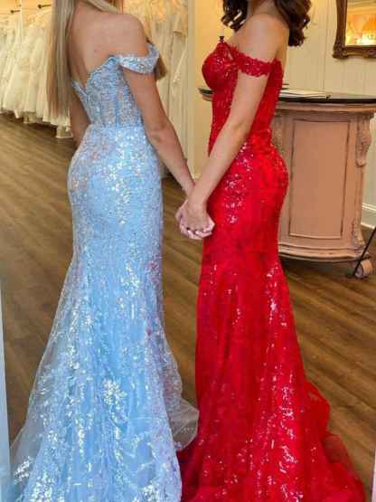 Off-the-Shoulder Sequin Lace Mermaid Long Porm Dress with Slit