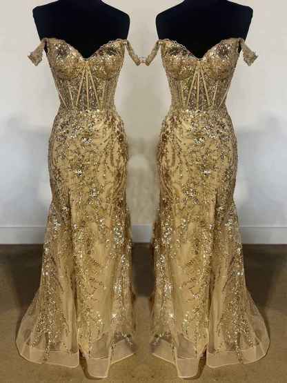 Off-the-Shoulder Sequin Lace Mermaid Long Porm Dress with Slit