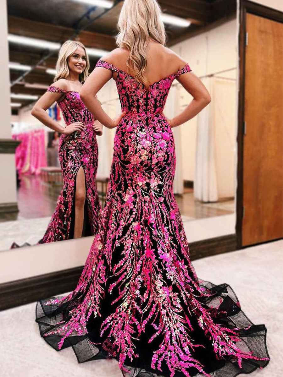 Off-the-Shoulder Sequin Lace Mermaid Long Porm Dress with Slit