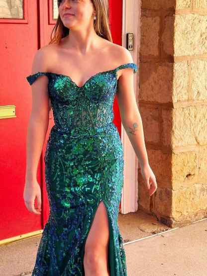 Off-the-Shoulder Sequin Lace Mermaid Long Porm Dress with Slit