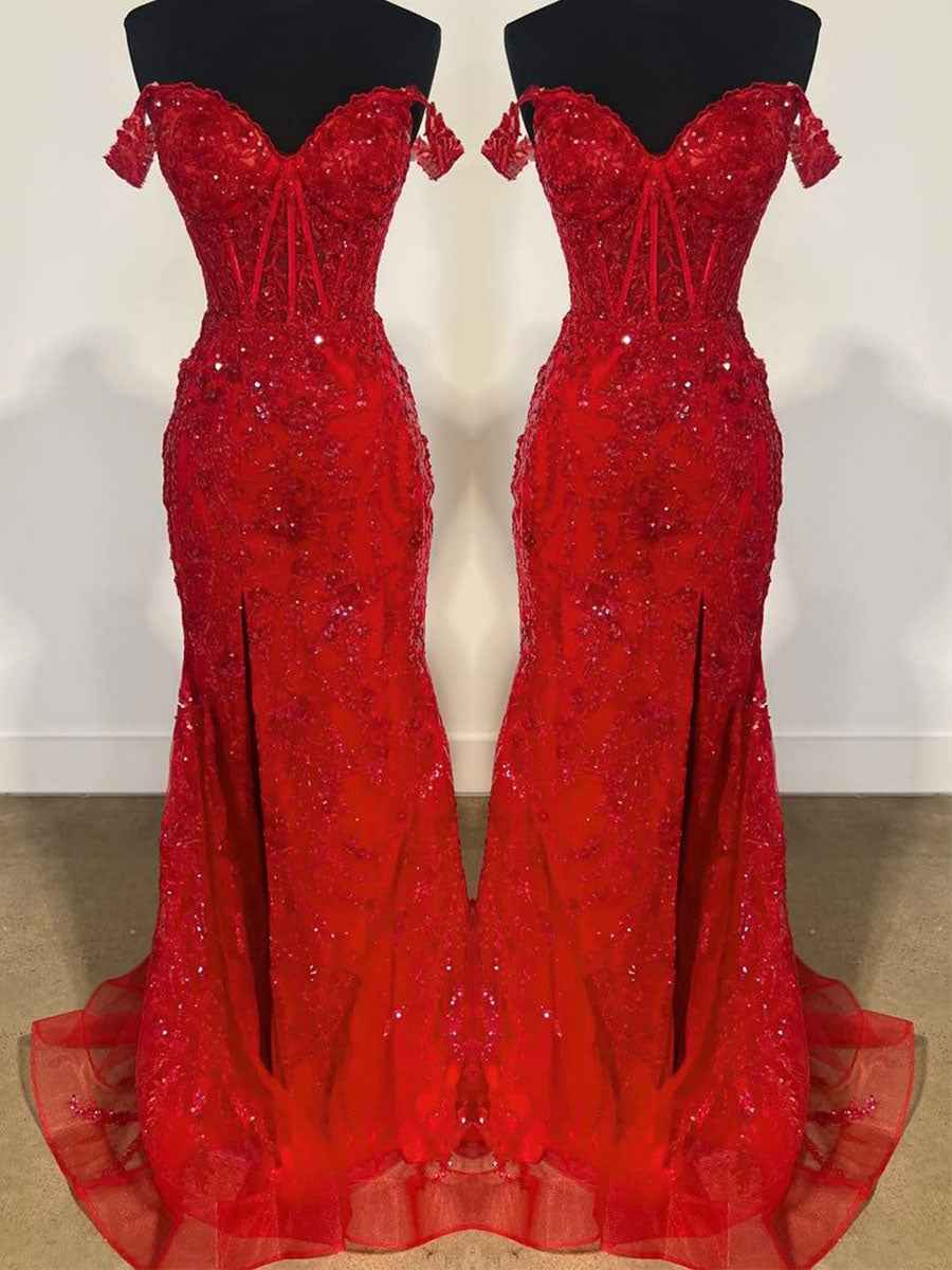 Off-the-Shoulder Sequin Lace Mermaid Long Porm Dress with Slit