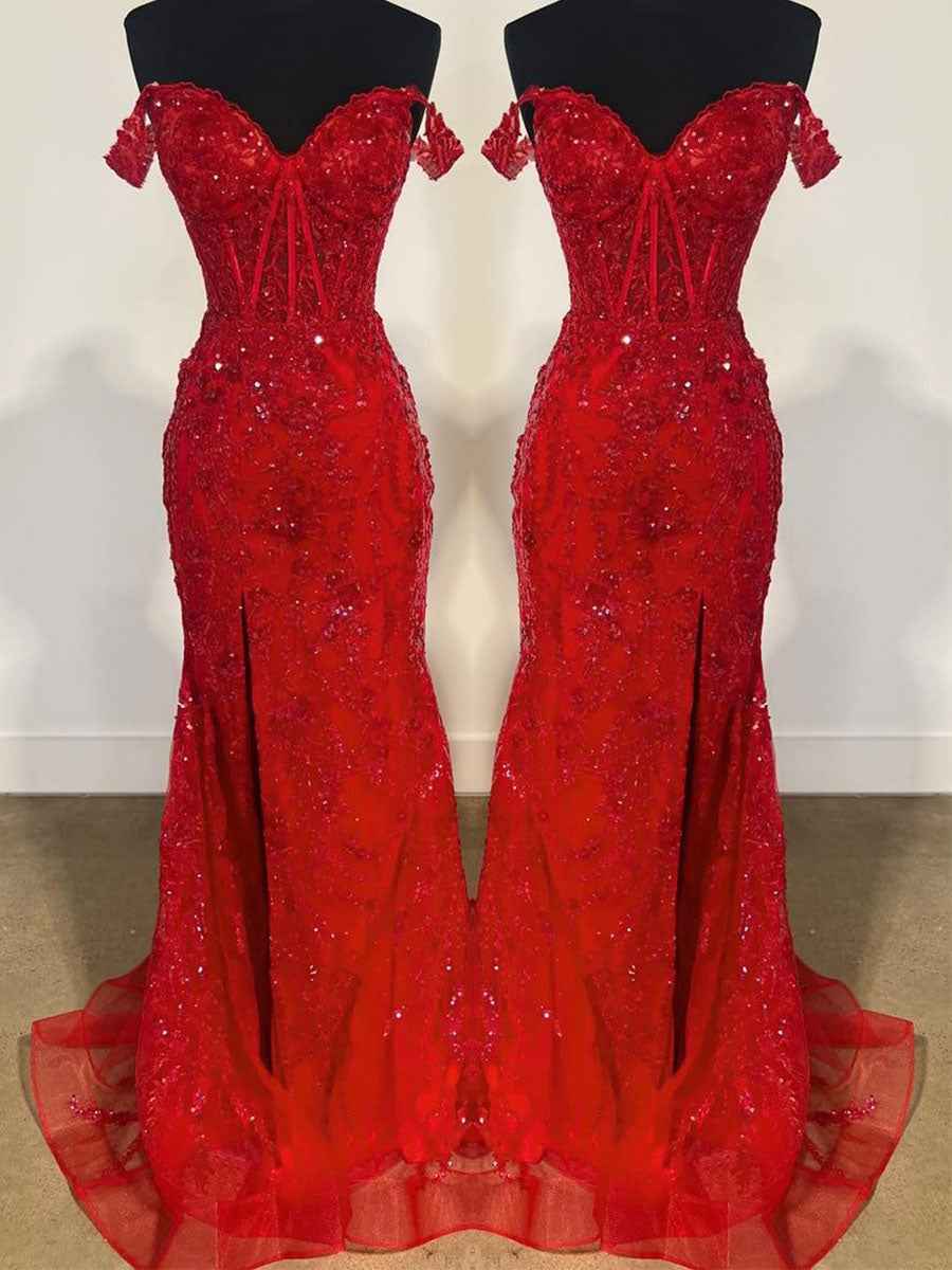 Off-the-Shoulder Sequin Lace Mermaid Long Porm Dress with Slit