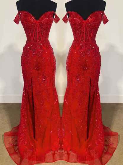 Off-the-Shoulder Sequin Lace Mermaid Long Porm Dress with Slit