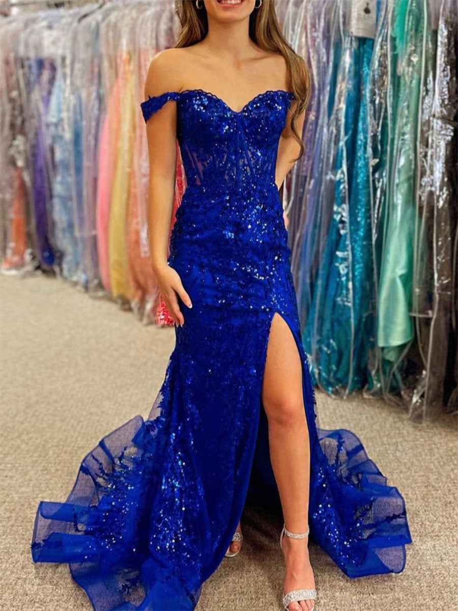 Off-the-Shoulder Sequin Lace Mermaid Long Porm Dress with Slit