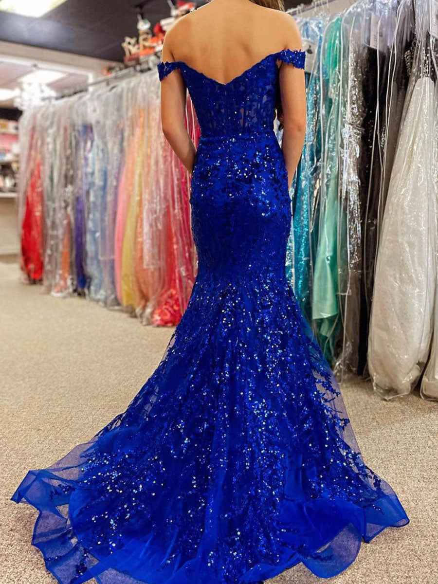 Off-the-Shoulder Sequin Lace Mermaid Long Porm Dress with Slit