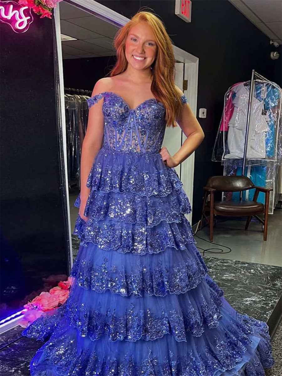 Off the Shoulder Tiered Lace Long Prom Dress