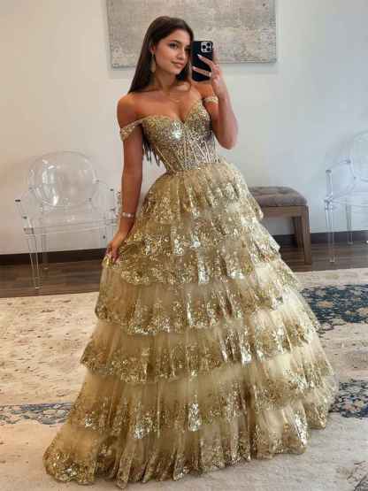 Off the Shoulder Tiered Lace Long Prom Dress