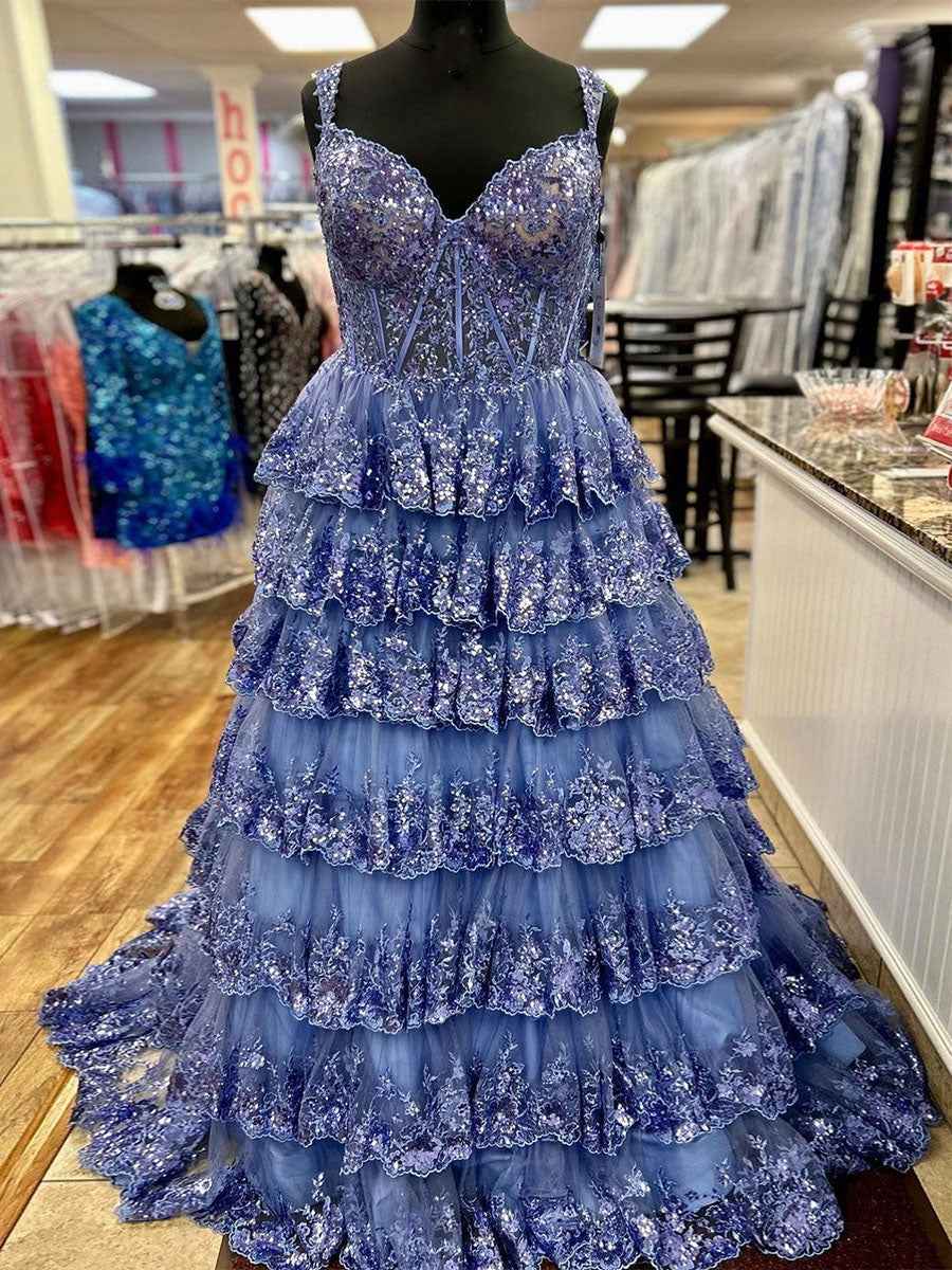Off the Shoulder Tiered Lace Long Prom Dress