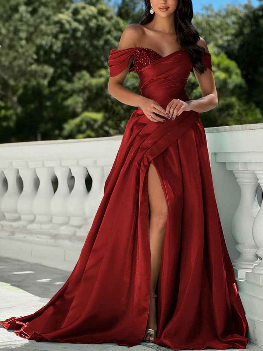 Off-the-Shoulder Asymmetrical Sequin Bodice Prom Dress with Slit