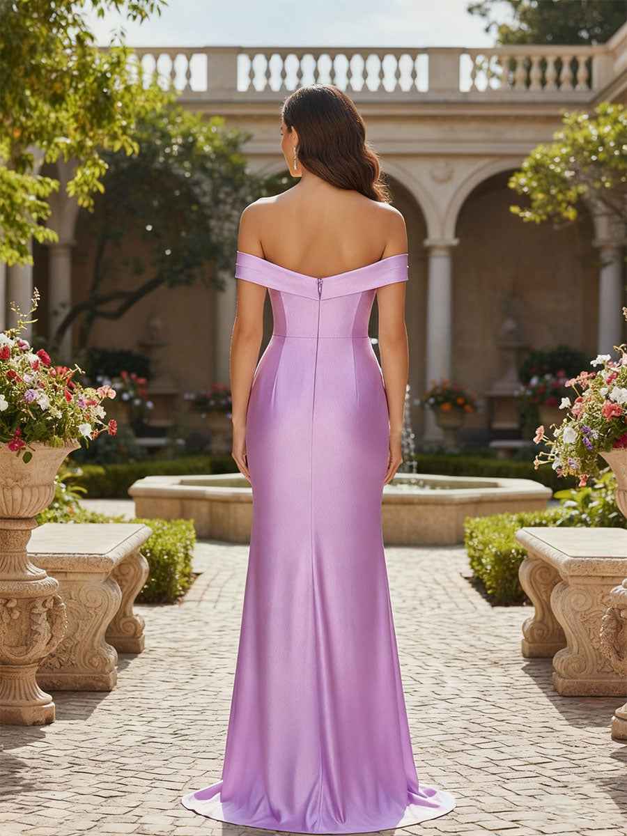 Off-the-Shoulder Lace Applique Satin Prom Dress with High Slit