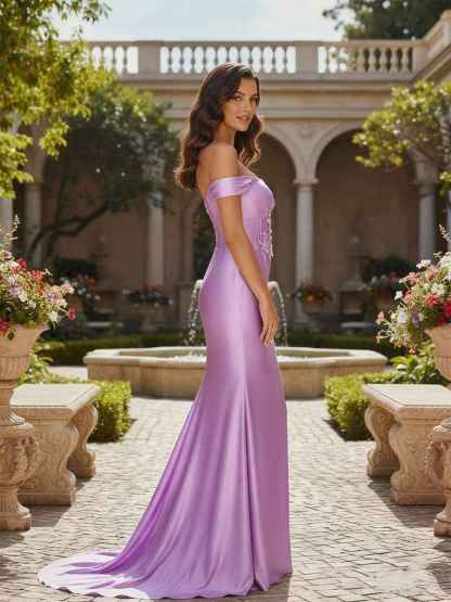 Off-the-Shoulder Lace Applique Satin Prom Dress with High Slit