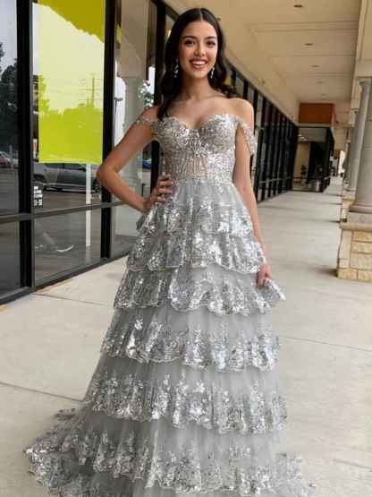 Off the Shoulder Tiered Lace Long Prom Dress
