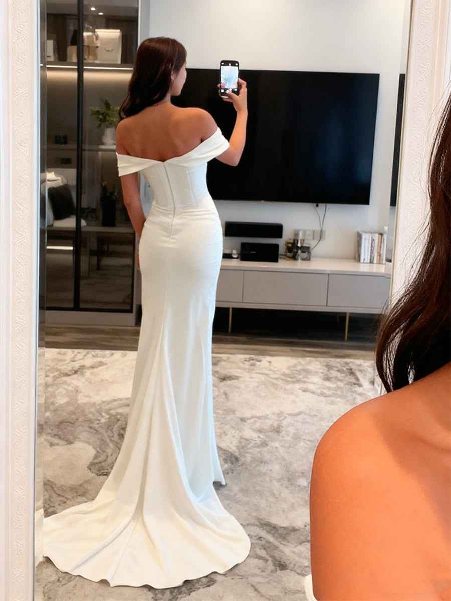 Off The Shoulder Mermaid Satin Long Corset Prom Dress with Beading