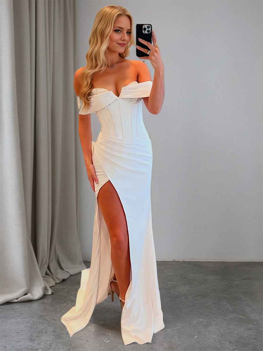 Off The Shoulder Mermaid Satin Long Corset Prom Dress with Beading