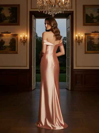 Off The Shoulder Stretch Pleated Satin Formal Dress