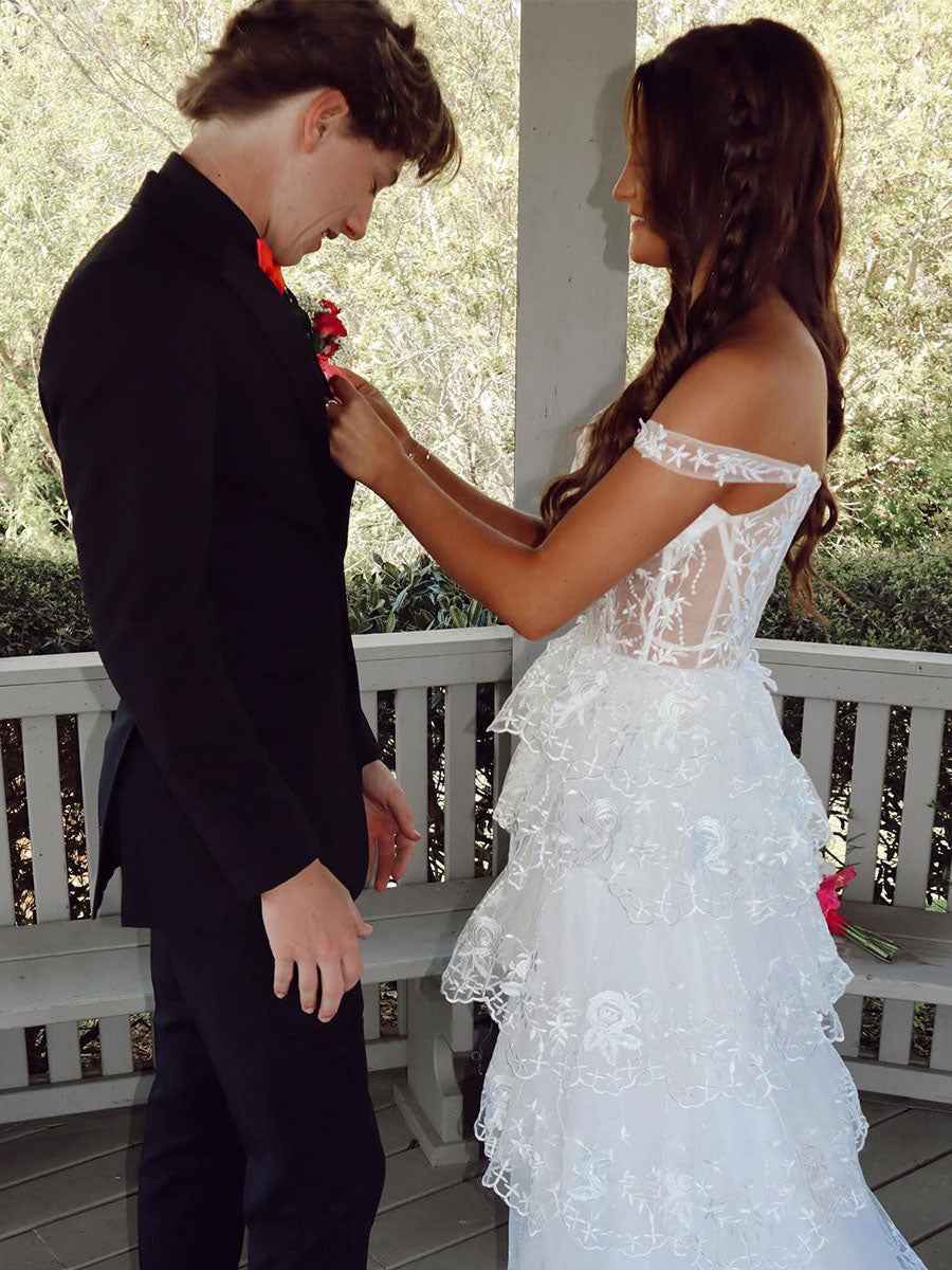 Off the Shoulder Appliques Tiered Long Prom Dress