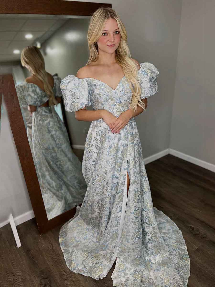 Off the Shoulder Jacquard Satin Long Prom Dress with Slit