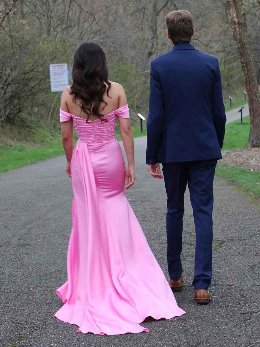 Off the Shoulder Ruched Long Prom Dress with Slit