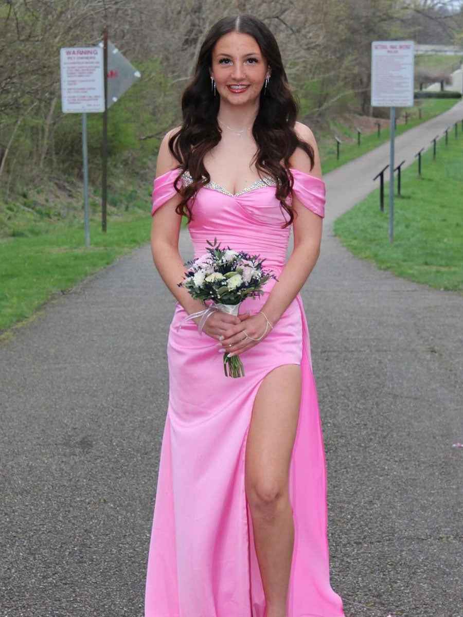 Off the Shoulder Ruched Long Prom Dress with Slit