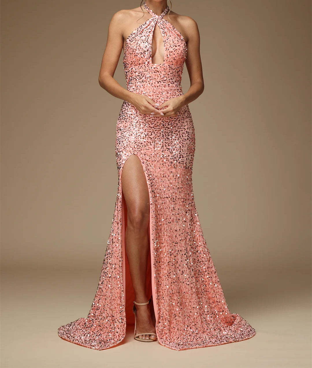 Long Formal Prom Dresses With Sequins Split Side Sheath/Column Halter Floor-Length