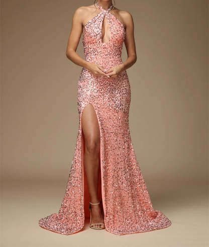 Long Formal Prom Dresses With Sequins Split Side Sheath/Column Halter Floor-Length