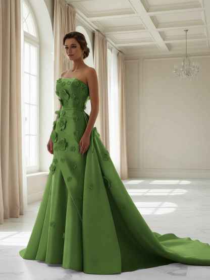 Pink A Line Satin Strapless Prom Dress with 3D Floral Appliques