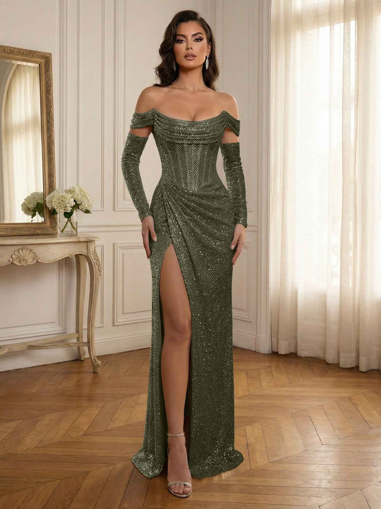 Silver Sequin Off-the-Shoulder Long Sleeves Corset Prom Dress with Slit