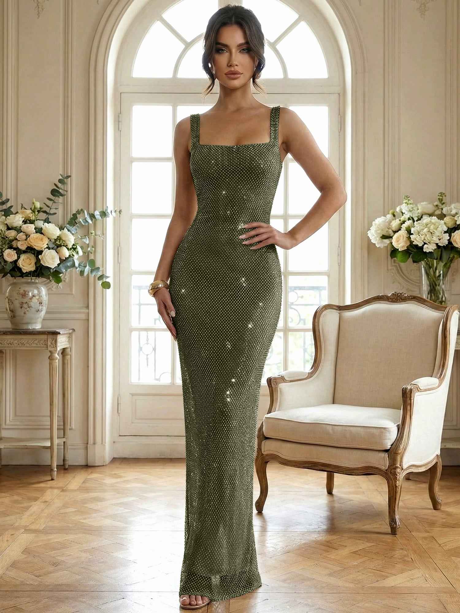 Sparkly Champagne Crystal Mesh Square Neck Long Prom Dress