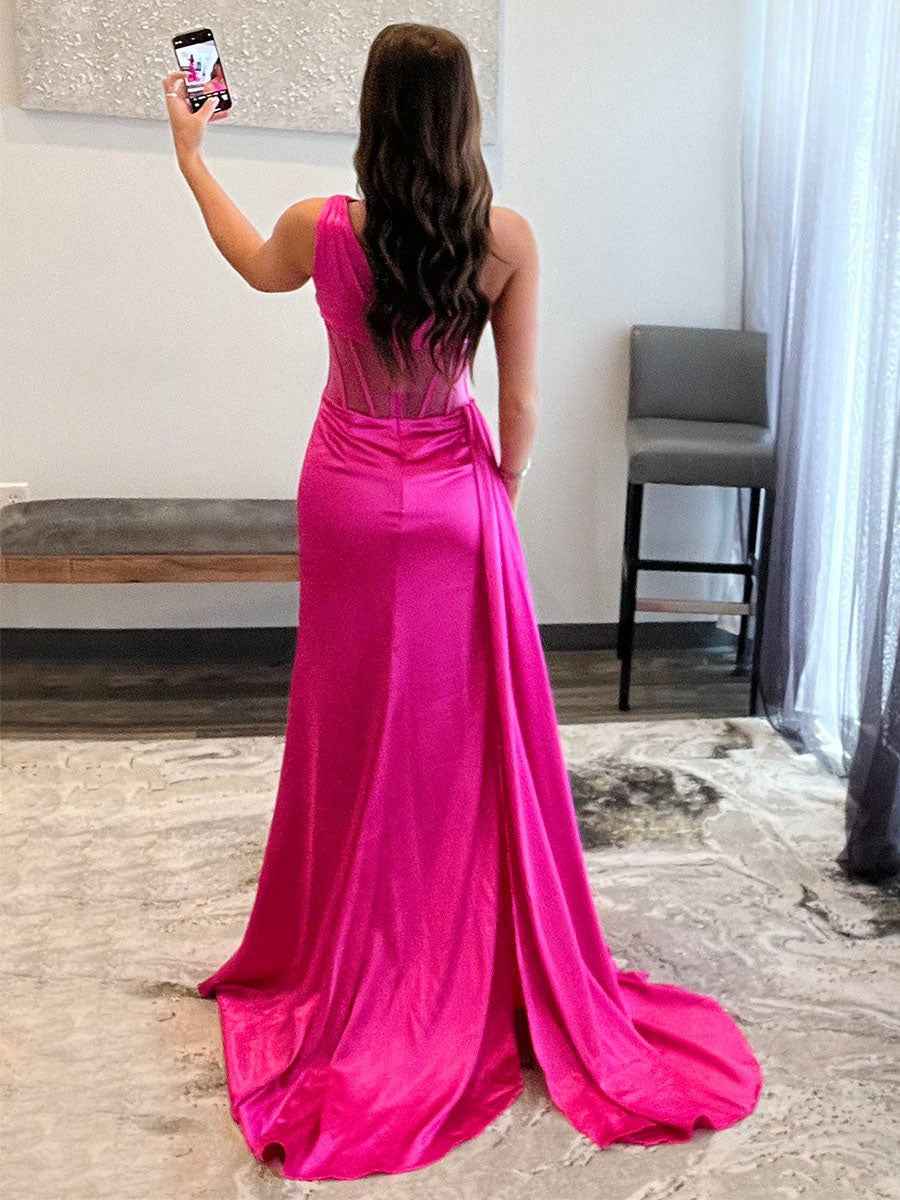 One-Shoulder Corset Bodice Prom Dress with High Slit
