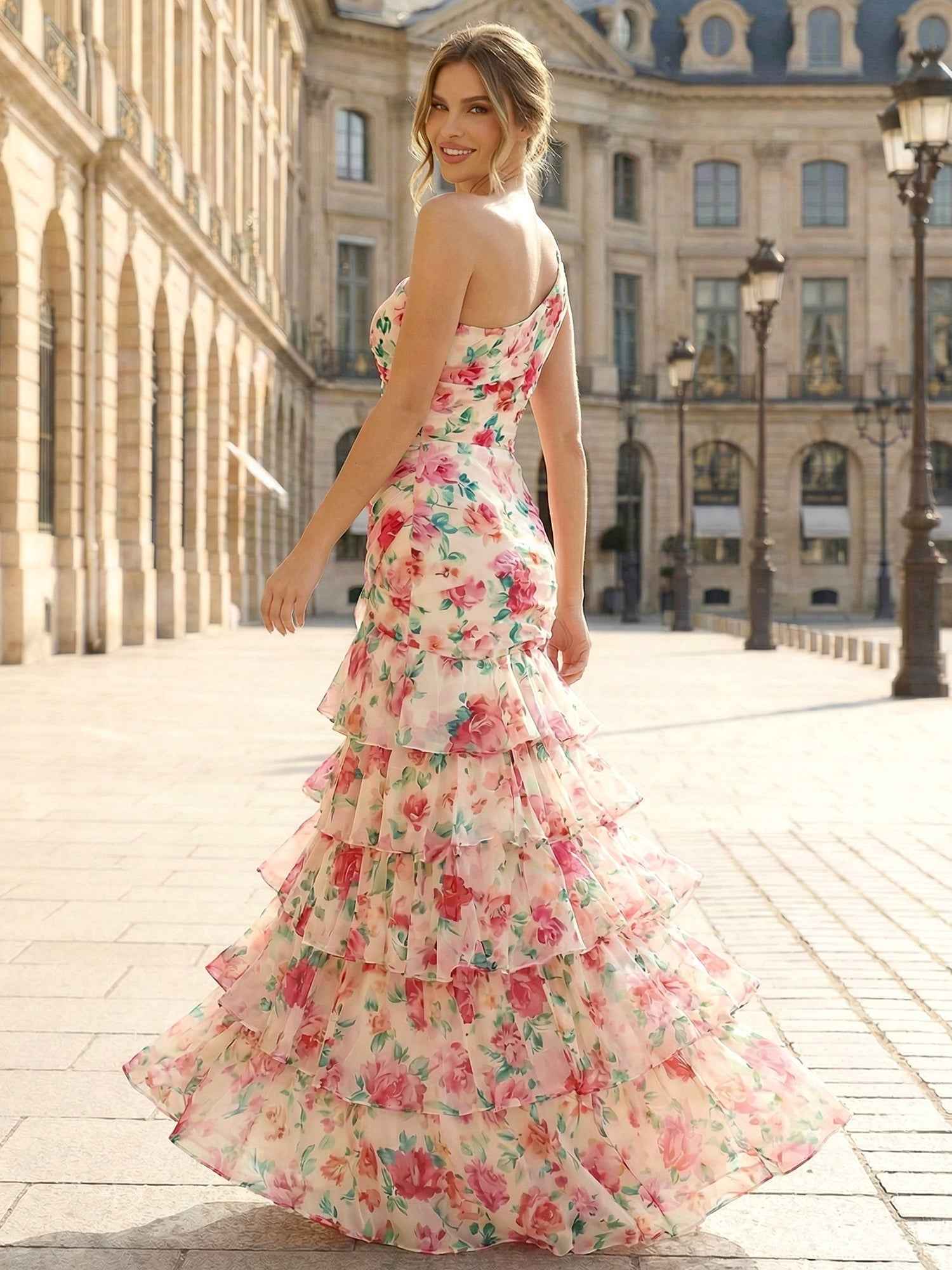 One-Shoulder Floral Tiered Ruffle Long Prom Dress