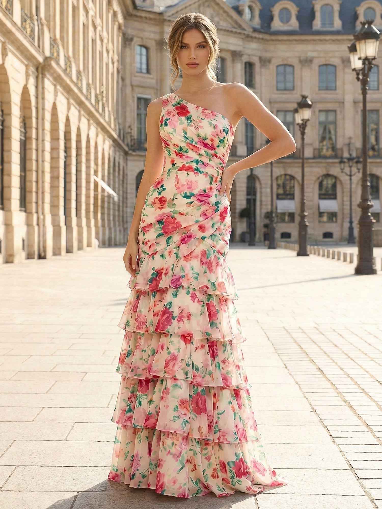 One-Shoulder Floral Tiered Ruffle Long Prom Dress