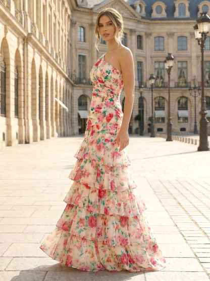 One-Shoulder Floral Tiered Ruffle Long Prom Dress