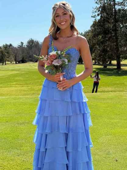 One Shoulder A-Line Empire-Waist Tiered Chiffon Prom Dress